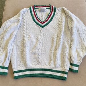 Casual Corner White V-Neck Sweater with Green and Red Accents